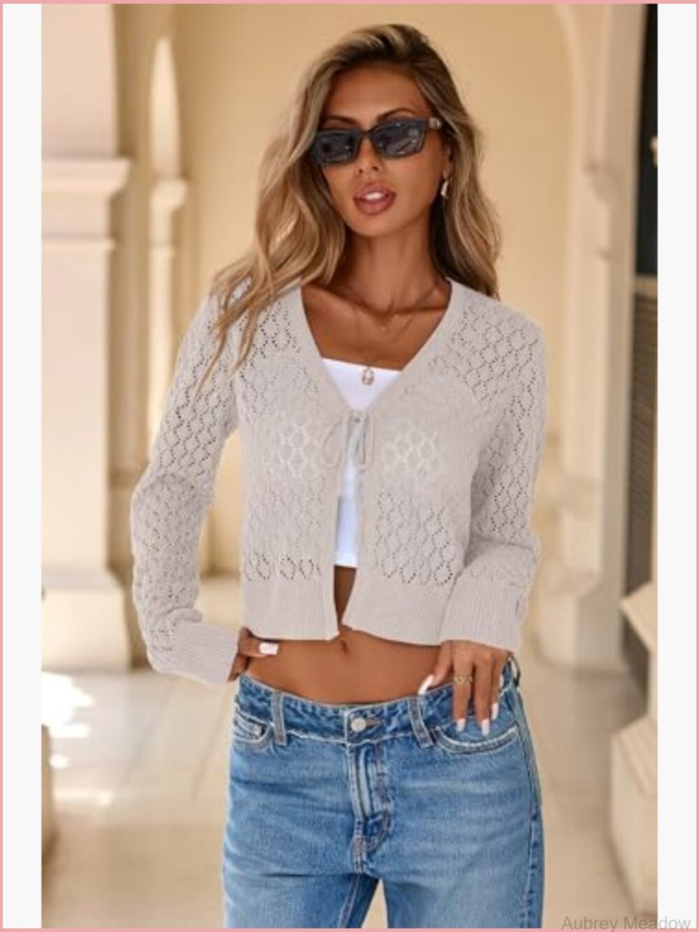Crochet Tie Front Shrug Cardigan Long Sleeve Knit Crop Top Boho Cover Up - Picture 2 of 7